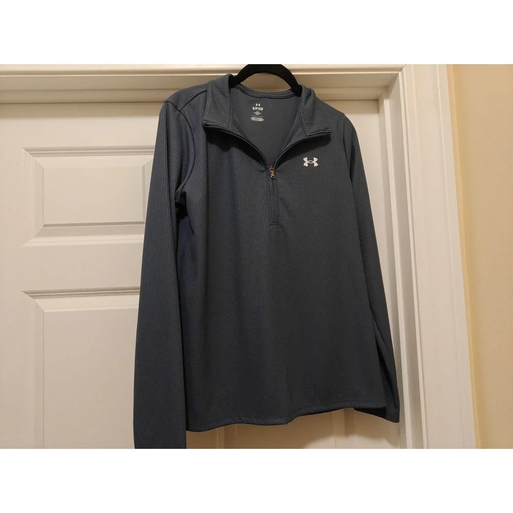 Under Armour Mens Small Loose Fit Quarter Zip Pullover Ribbed Dark Grey Charcoal